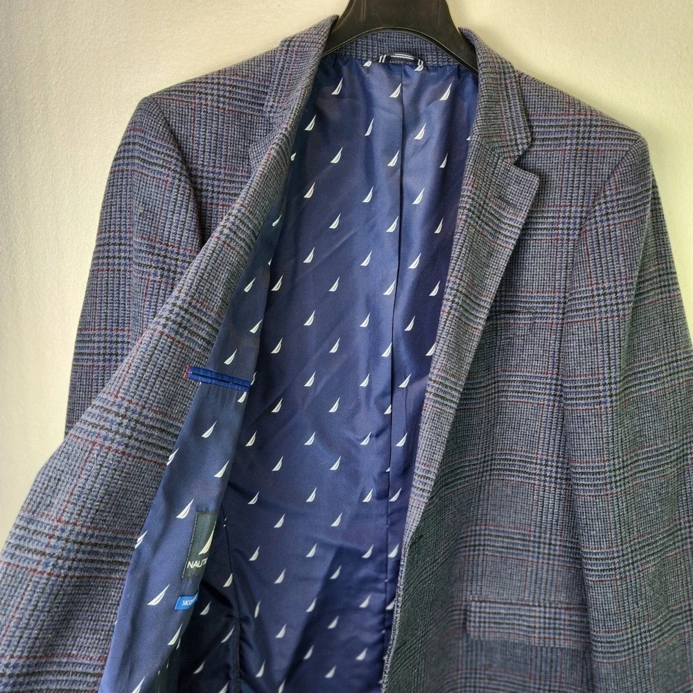 Nautica Mens Blue Glen Plaid Modern Fit Sport‎ Coat Blazer 44R Two Button Logo